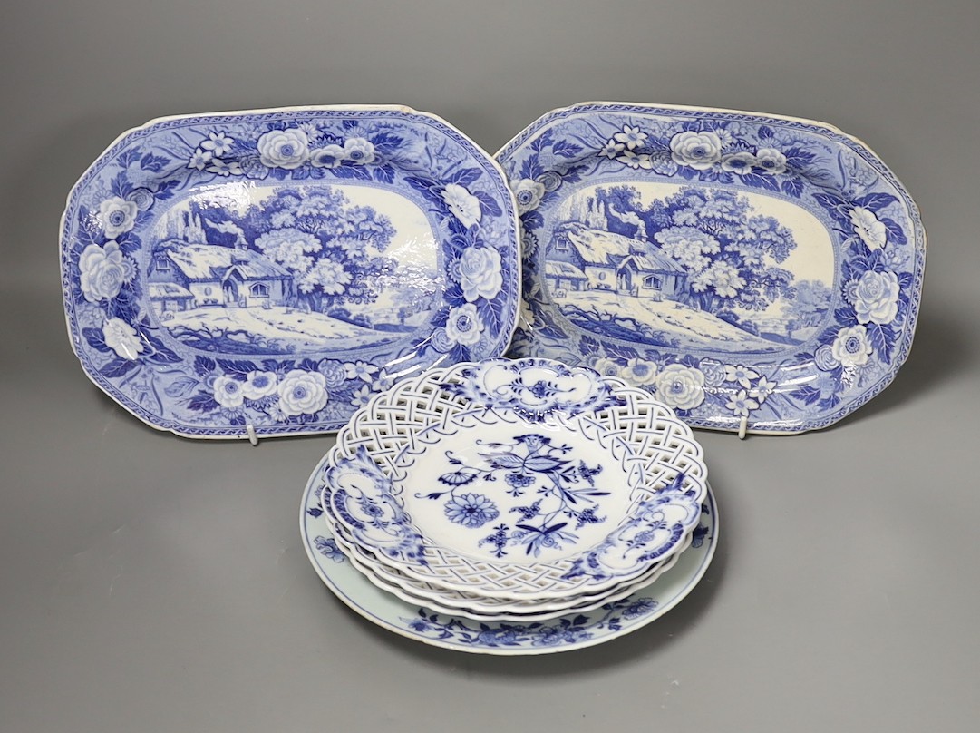 Three Meissen onion pattern plates, an 18th century Chinese exports blue and white plate and two pottery blue and white dishes, largest 27.5cm wide (5)